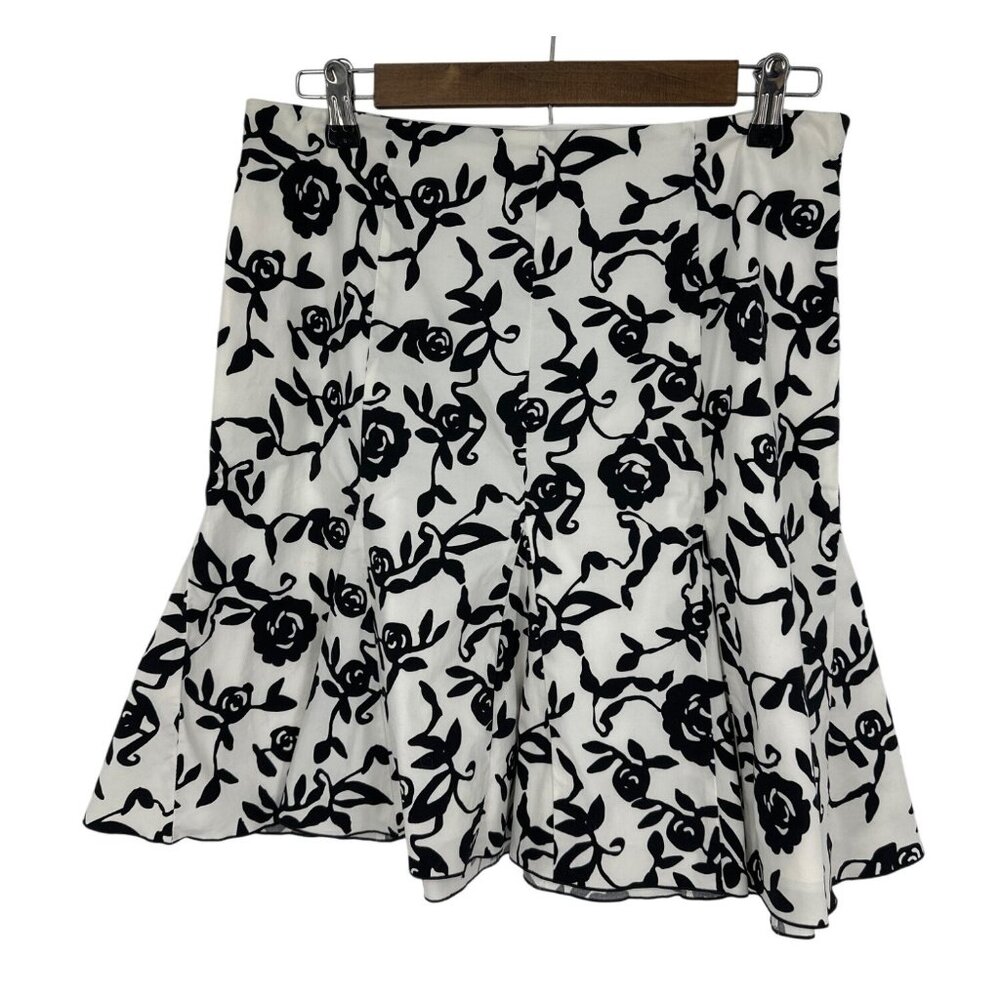 White House Black Market Womens Floral Flared Black & White Cotton Skirt Size 8